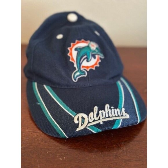 Miami Dolphins Hat Cap Adjustable Strap NFL Navy Blue Spell Out Stripes Bill - Picture 1 of 7